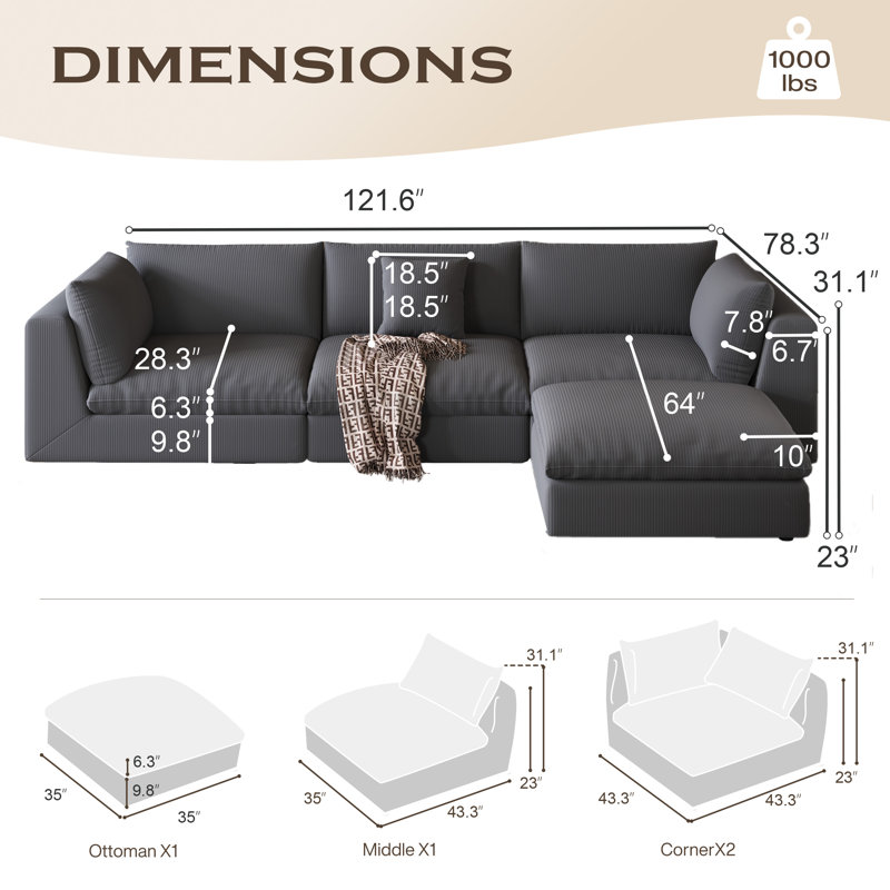 121.6''  4 Piece Cloud Sectional Modular Sofa with Ottoman, Black Velvet
