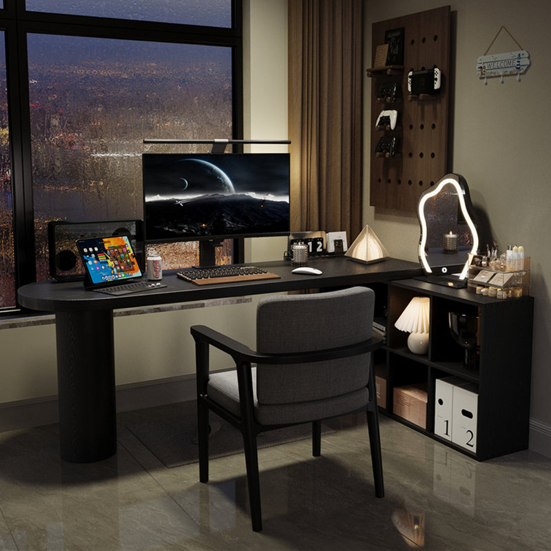 Bureau en L noir avec armoire de rangement en bois massif, H 29,53 po x l 62,99 po x P 55,12 po