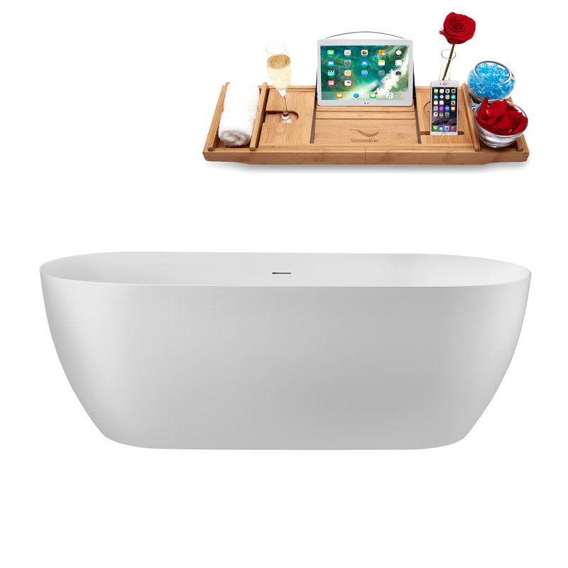 67" Streamline Soaking Glossy White Freestanding Tub and Tray With Internal Drain, Brushed Gold