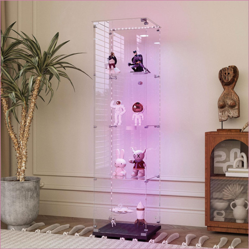 Cabinets, Modern Tempered Glass Display Cabinet with Bluetooth LED Lights, Door Lock &amp; Rolling Casters, 65"H x15.7"L x13.6"W Black | Particle Board,Tempered Glass | Living Room