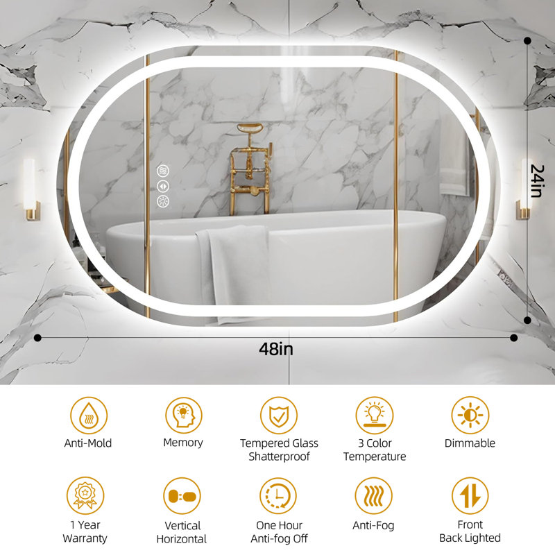 Lunara 192 LEDs/m LED Lighted Oval Bathroom/Vanity Mirror with ETL Certified, Anti-Fog Tempered Glass, 48" × 24"