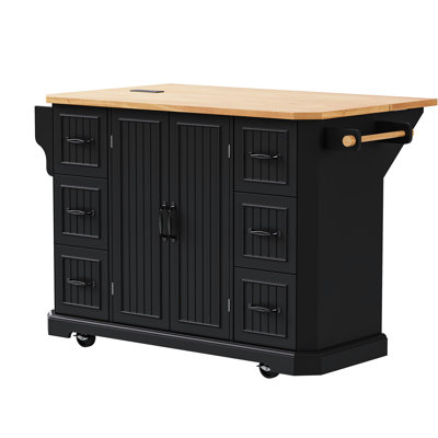 Rolling Kitchen Island With Power Outlet & 2 Doors, Black Large Texture Adjustable Shelves,
