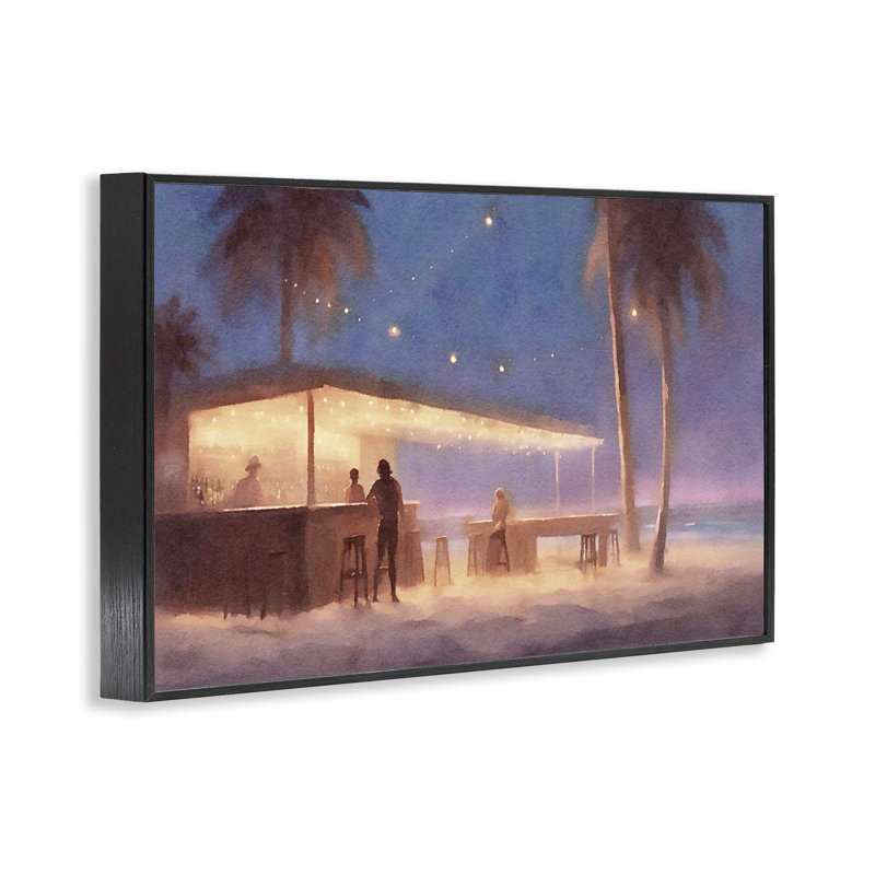  «Evening Beach Bar», estampe numérique par Noah Bay, H 20 po x l 30 po, Giclée encadrée noir minuit