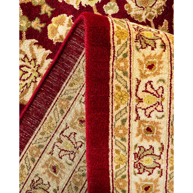 Tapis rouge / beige / vert en laine noué à la main de conception unique 10 pi 3 po x 13 pi 3 po Trenea Mogul