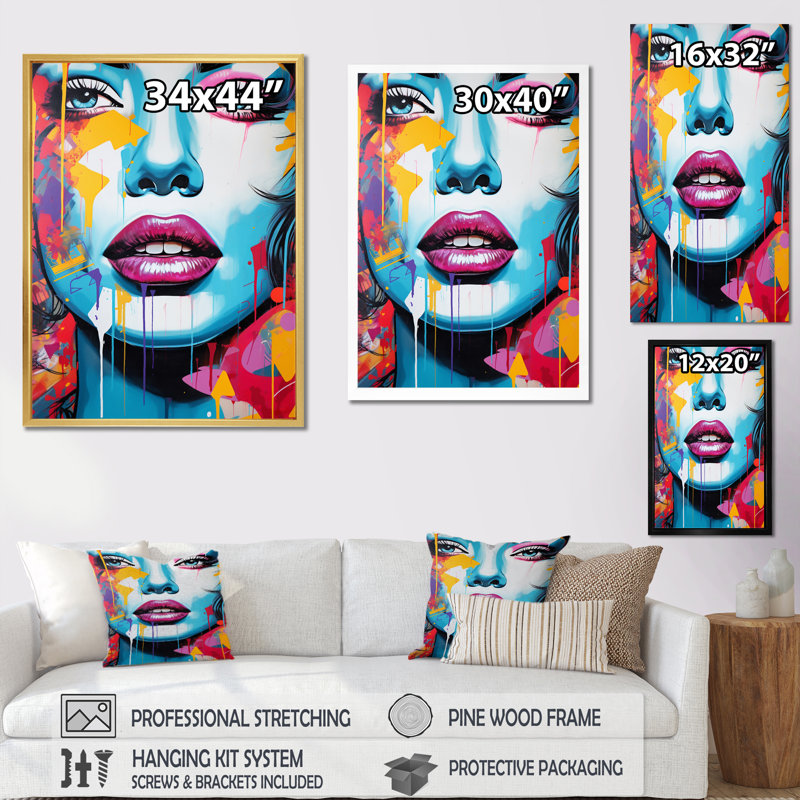 Pop Art bleu et orange, portrait de femme I - impressions d'art moderne, H 44 po x l 34 po x P 1,5 po, Cadre flottant doré