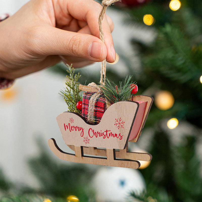 Décorations d'arbre de Noël en bois traîneau de Noël, Beige