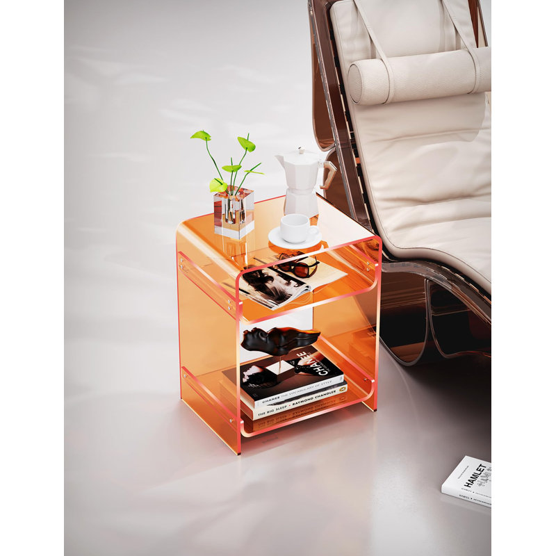 Orange Acrylic Rectangular End Table with Storage Shelf