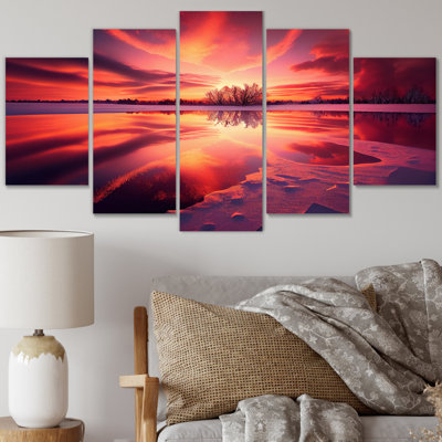 Majestic Sunshine Over Snowy Winter Lake II - Lake Wall Decor - 5 Panels