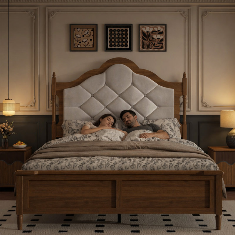 Structure de lit double en bois brun avec tête de lit tapissier, pied de lit à panneau, lit plateforme Mid-Century rétro