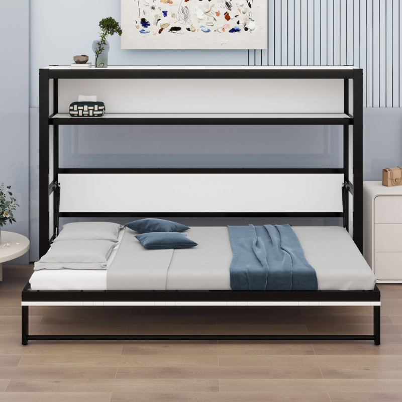 Lit escamotable avec tablettes, lit escamotable en métal au design pliable et peu encombrant, Blanc