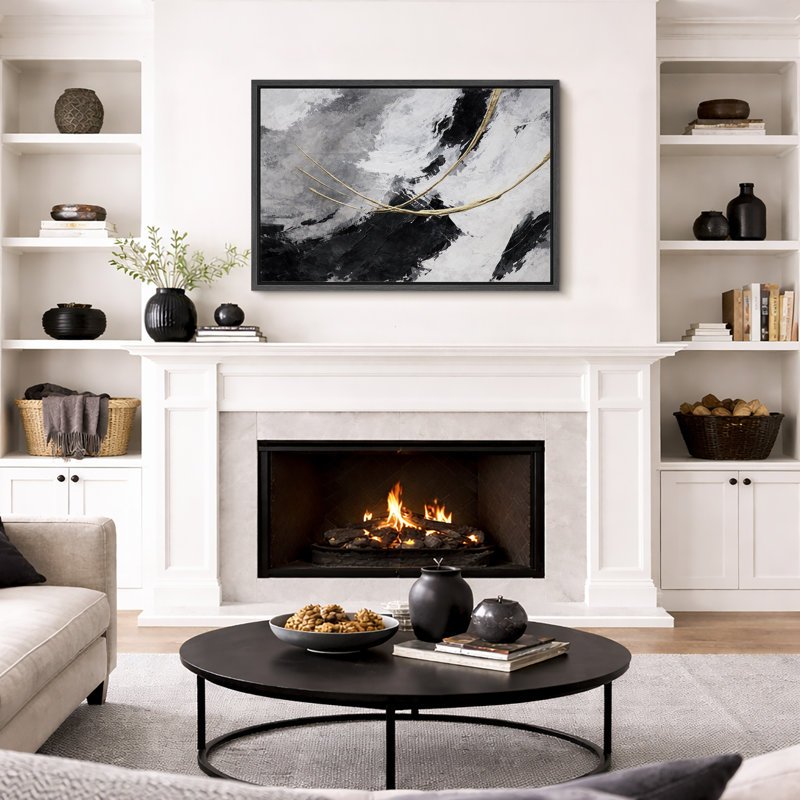 Art abstrait noir doré, images de salon moderne, impression sur toile encadrée, H 16 po x l 24 po x P 1,5 po, Cadre noir