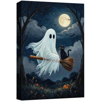 Tableau représentant un fantôme chevauchant un balai avec un chat noir, décoration murale pour le salon, impression giclée sur toile encadrée