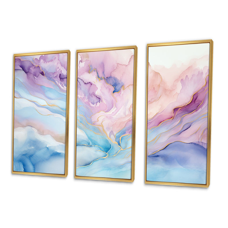 Ensemble de salon rose et bleu Glacier Sunrise - Abstract Shapes, H 40 po x l 60 po x P 1 po, Cadre flottant doré