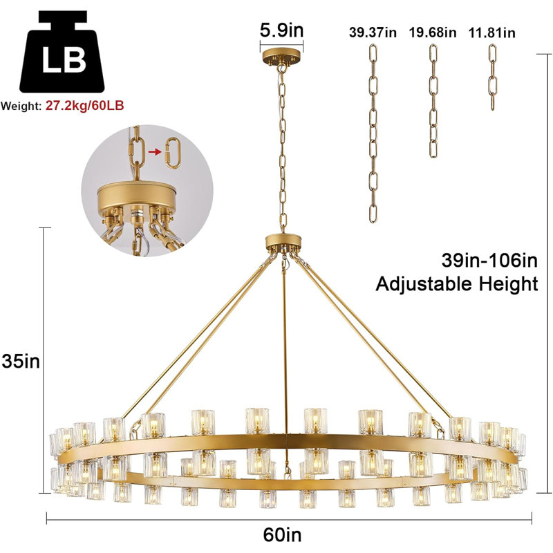 Wagon Wheel Chandelier With Crystal Shade, Gold, 60 Lights