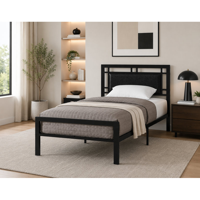 Lit plateforme en métal avec tête de lit tapissier, sans cordon requis, moderne, noir, grand, Grand lit, Noir