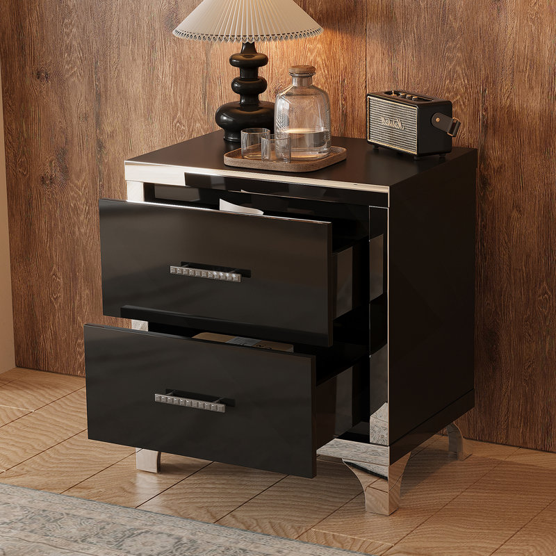 Elegant High Gloss Nightstand With Metal Handle, Black