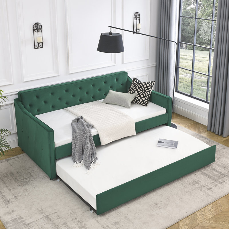  Lit de jour simple rembourré avec lit gigogne simple, dossier capitonné et accoudoirs ondulés élégants, vert, Vert