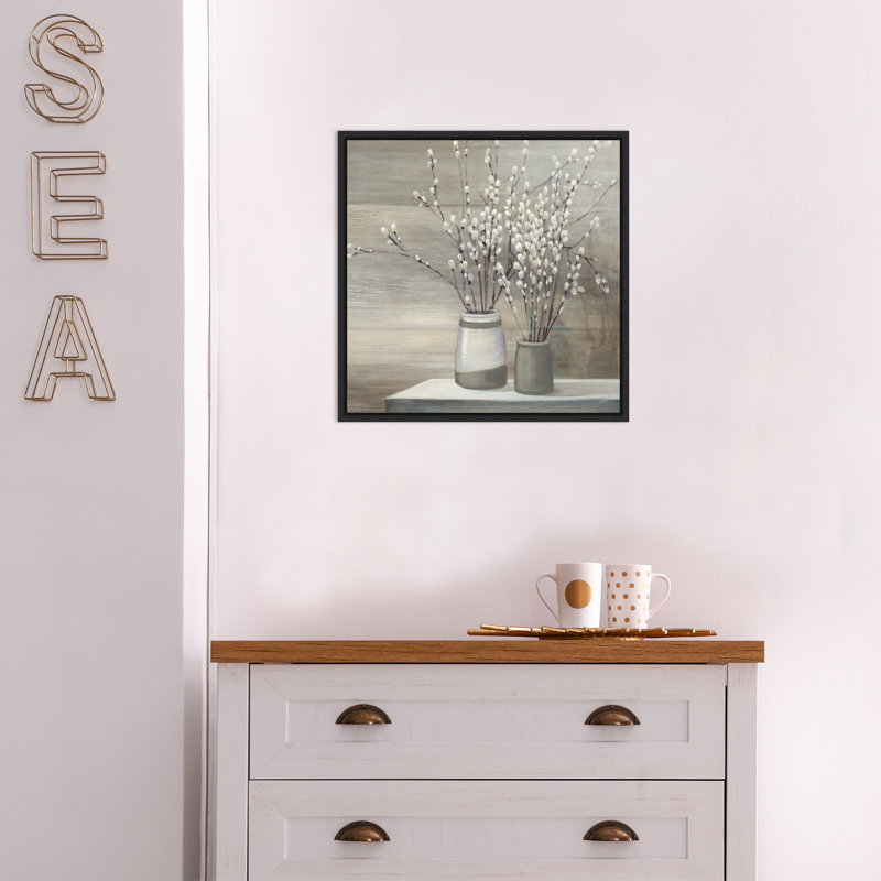 Reproduction d’art sur toile « pussy willow still life gray pots crop » par julia purvis, H 16 po x l 16 po x P 1,875po