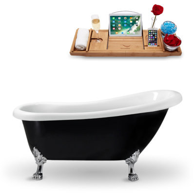61" Streamline Clawfoot Soaking Acrylic Bathtub With Drain, Clawfeet, and Bamboo Tray