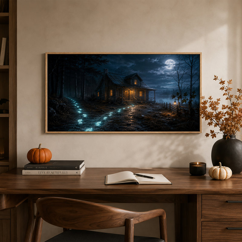 Cabane en rondins au clair de lune avec empreintes de pas bleues lumineuses - Toile murale d'Halloween, L 58 po x H 28 po