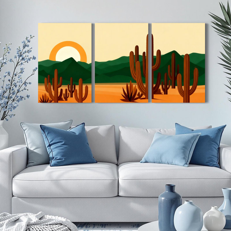 Ensemble de 3 toiles murales représentant un paysage de cactus au coucher du soleil dans le désert, H 36 po x l 72 po