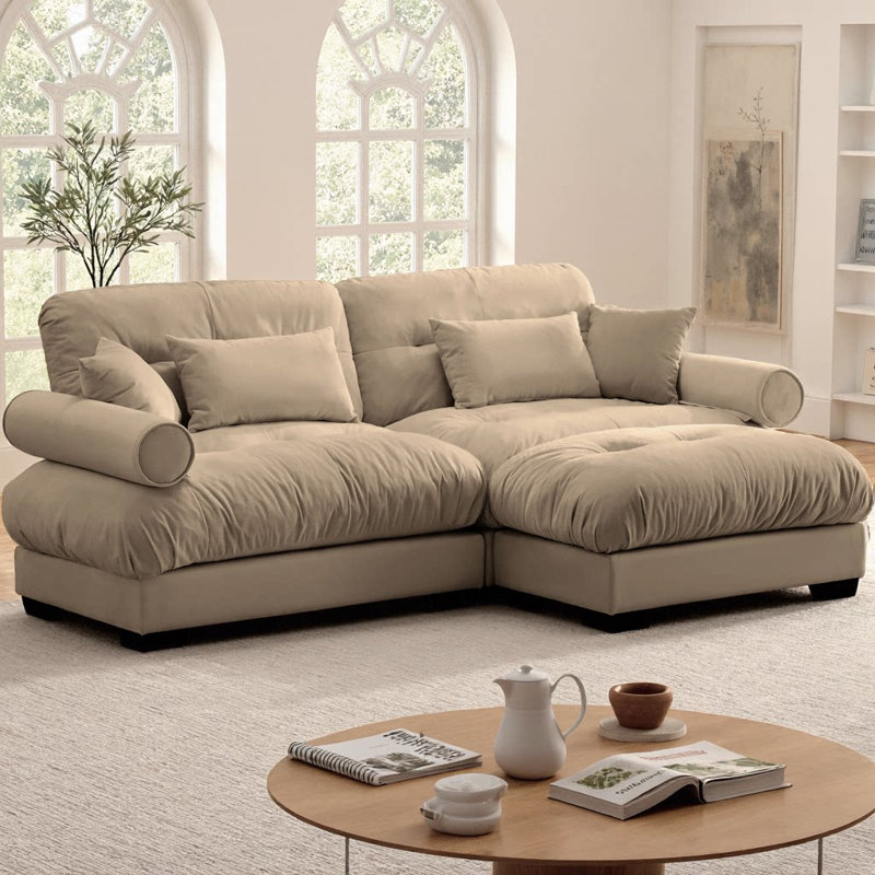 Oversize Modern L-Shape Sectional Sofa Two-Seater with Ottoman, Velvet Upholstery with Round Bolster Armrests, Includes Waist Pillow & Throw Pillows