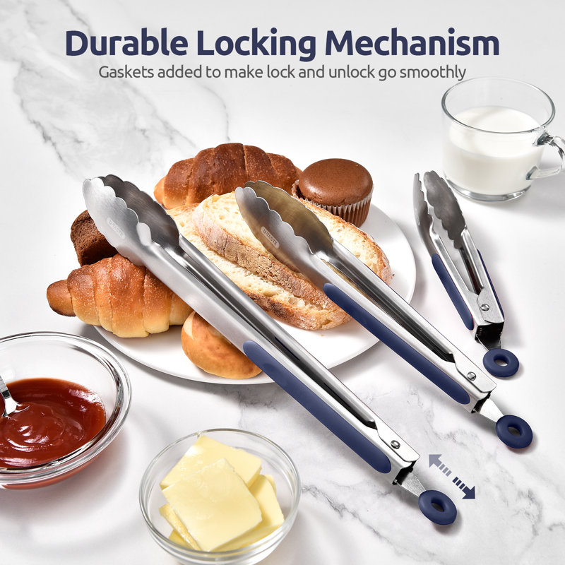 U-Taste 18/8 Stainless Steel Kitchen Tongs: 7+9+12 Inch Heat Resistant Metal Cooking Tong Set, Midnight Blue