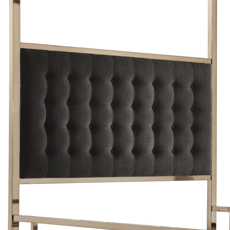 Pettaway Upholstered Metal Canopy Bed, Queen, Heathered Dark Gray Linen, Champagne Gold