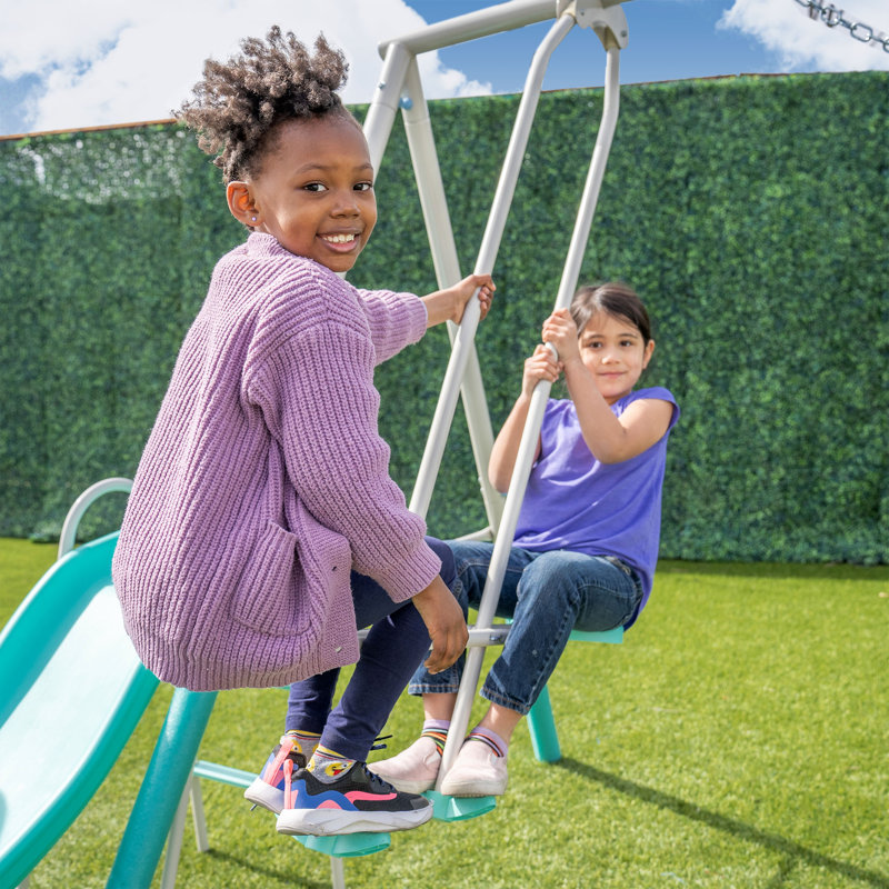 Teal Metal Swing Set with Slide and Trapeze