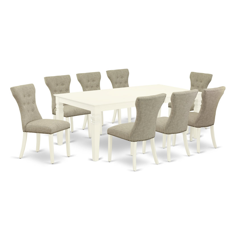 Cet ensemble de salle à manger 9 pièces comprend une table de cuisine rectangulaire avec rallonge papillon et 8 chaises revêtues de tissu de lin, blanc lin