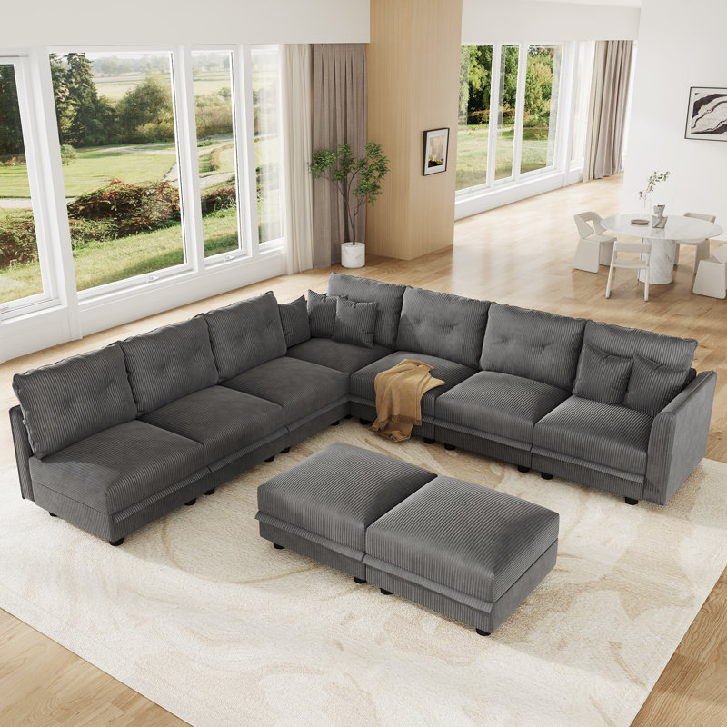 Canapé modulaire convertible 9 places en velours côtelé avec rangement, 7 coussins de dossier et 7 coussins décoratifs