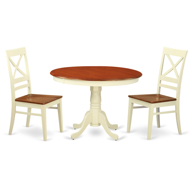 3 Piece Dining Room Table Set Contains a Round Kitchen Table with Pedestal and 2 Dining Chairs, Buttermilk & Cherry