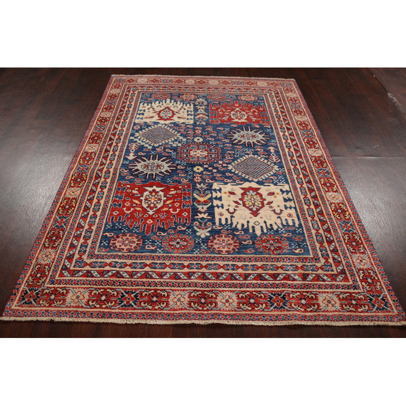 Tapis unique en laine noué à la main bleu / rouge 4 pi 10 po x 6 pi 7 po New Age Haruhi