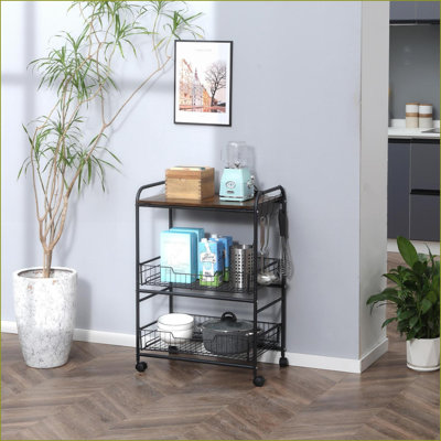 Kitchen Cart with Storage, Rolling Microwave Stand w/ 2 Baskets &amp; Hooks, Rustic Brown | MDF+Metal