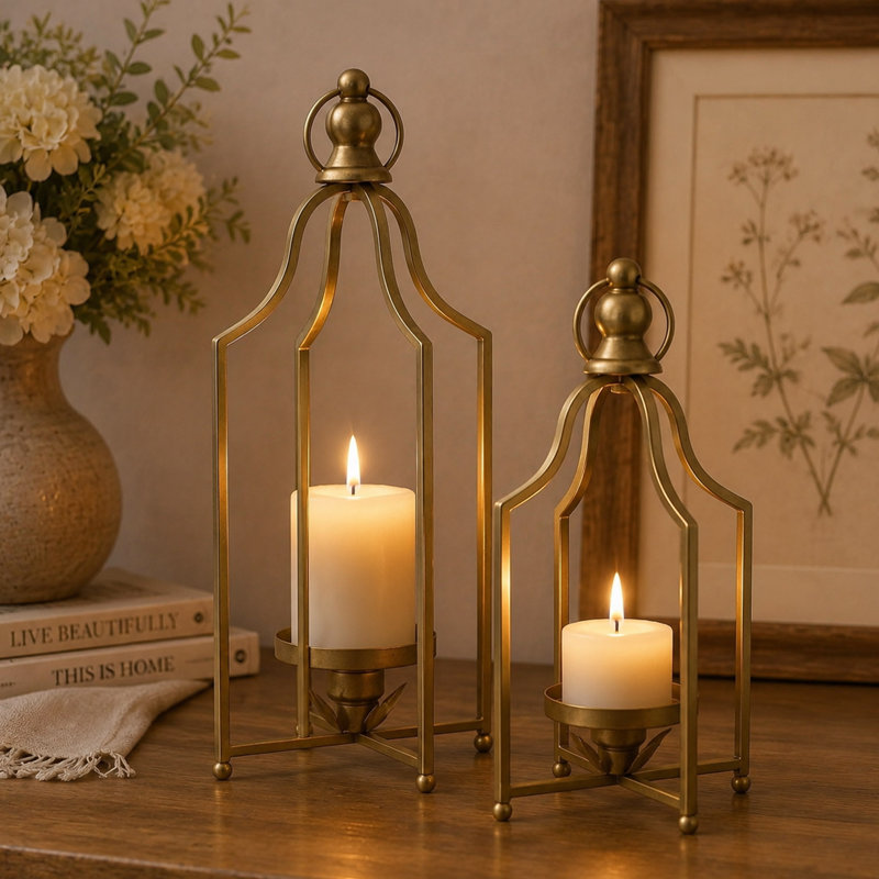 Ensemble de lanternes décoratives, lanternes en métal pour bougies piliers et présentoirs de table (ensemble de 2)