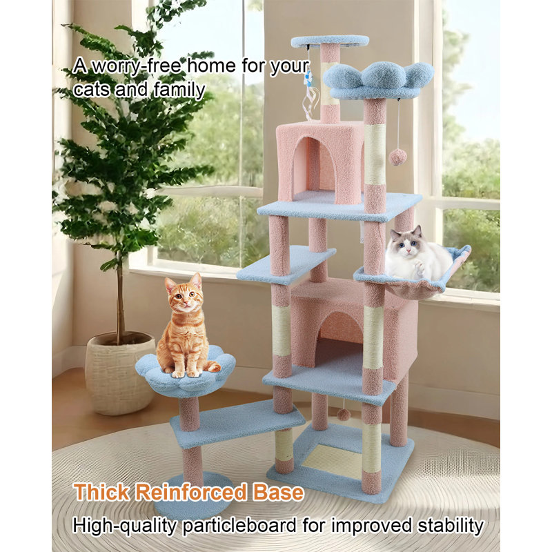 Arbre à chat en forme de fleur de 71 pouces, adapté aux chats, tour à chat à plusieurs étages de 7 niveaux, équipé de 2 habitats en peluche en forme de fleur, convient pour 4 à 5 chats.