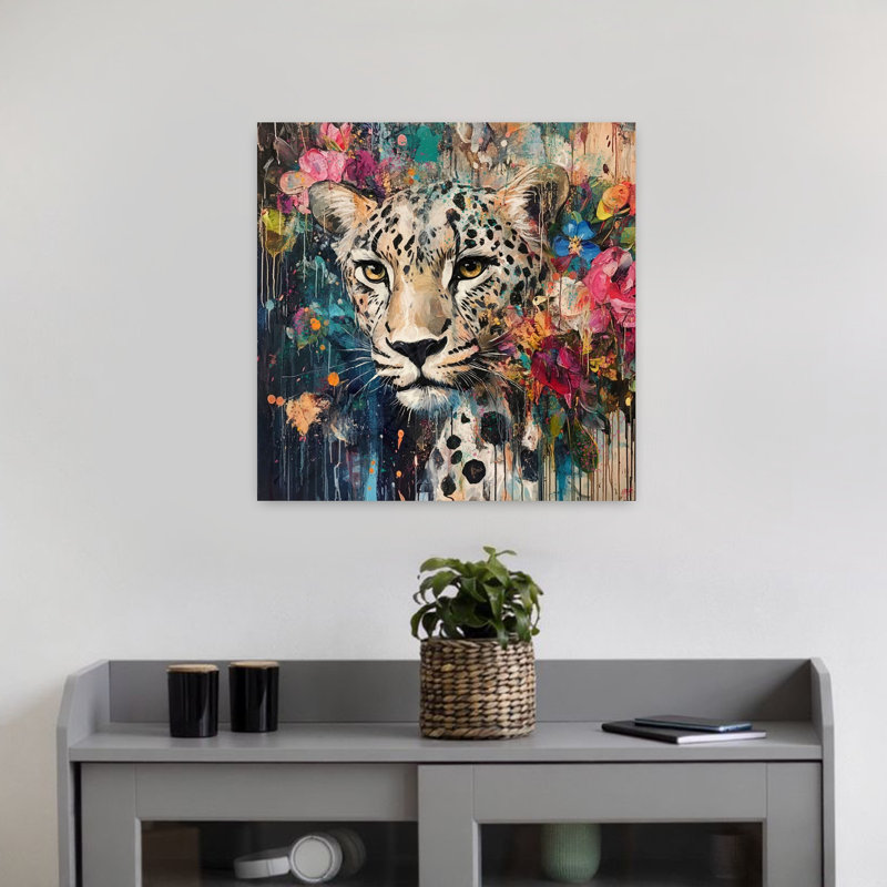 Guépard et fleurs, art floral contemporain, H 18 po x l 18 po