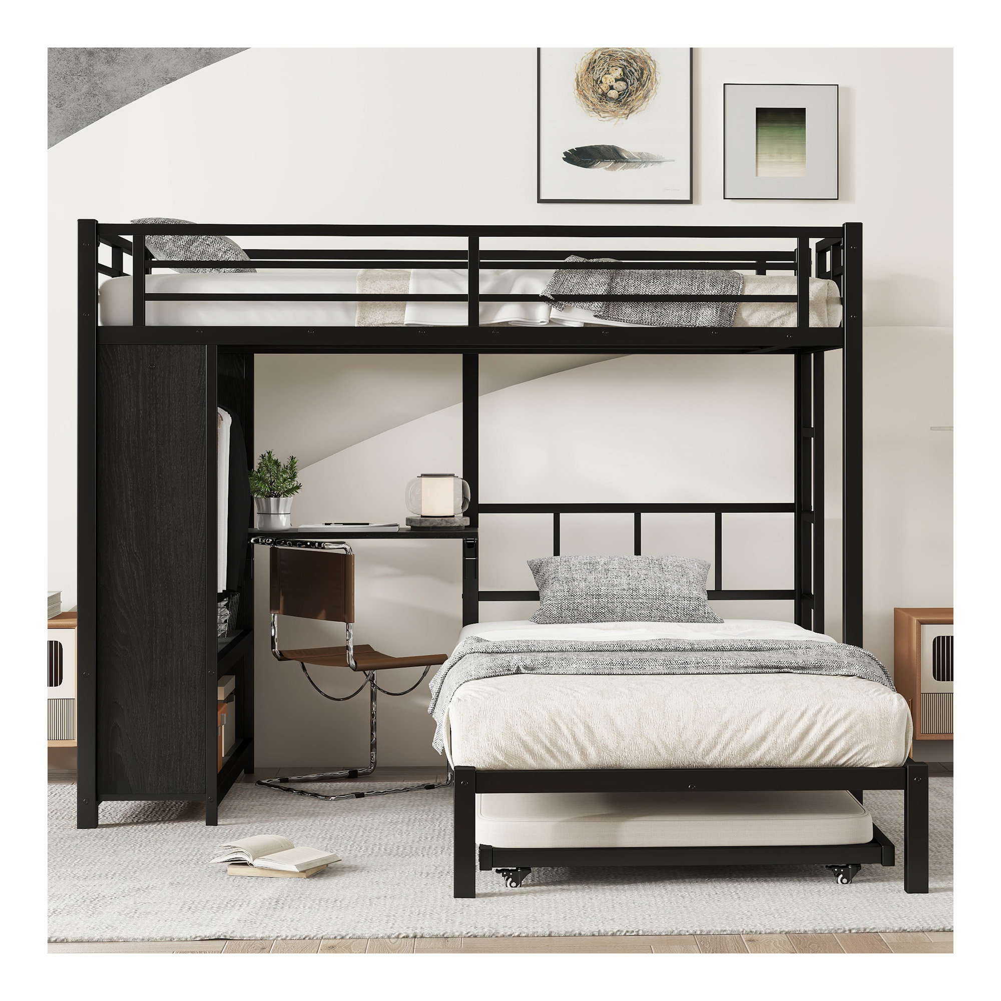 17 Stories Queen Over Twin Bunk Bed With Built-In Wardrobe, Metal Bunk ...