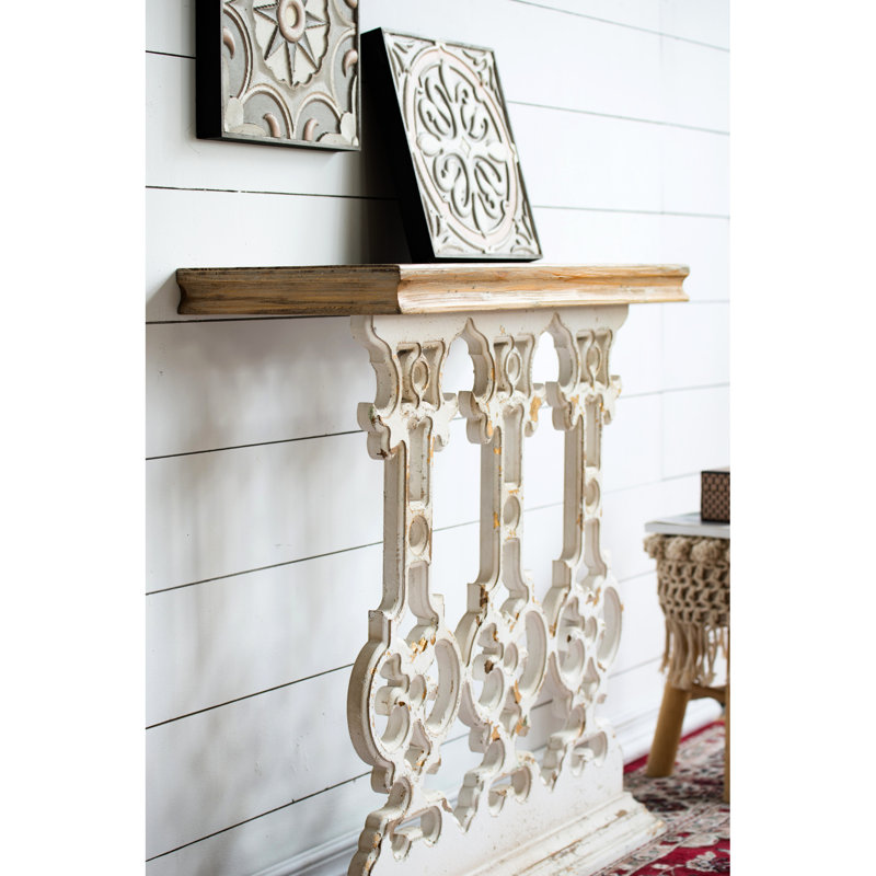 Console en bois brun de style rétro avec base complexe, surface de 32,3 po x 32 po et surface fonctionnelle de 32,3 po