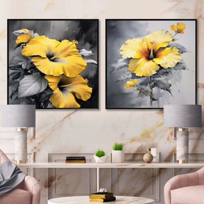 Yellow And Grey Hibiscus Serenade - Hibiscus Square Collage Set Of 2