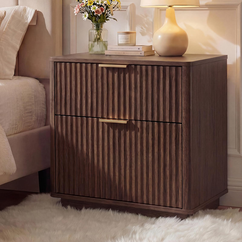 Mid Century Fluted Nightstand with Charging Station, 23" Modern End Table with 2 Drawers & Curved Profile, for Bedroom, Living Room, Walnut