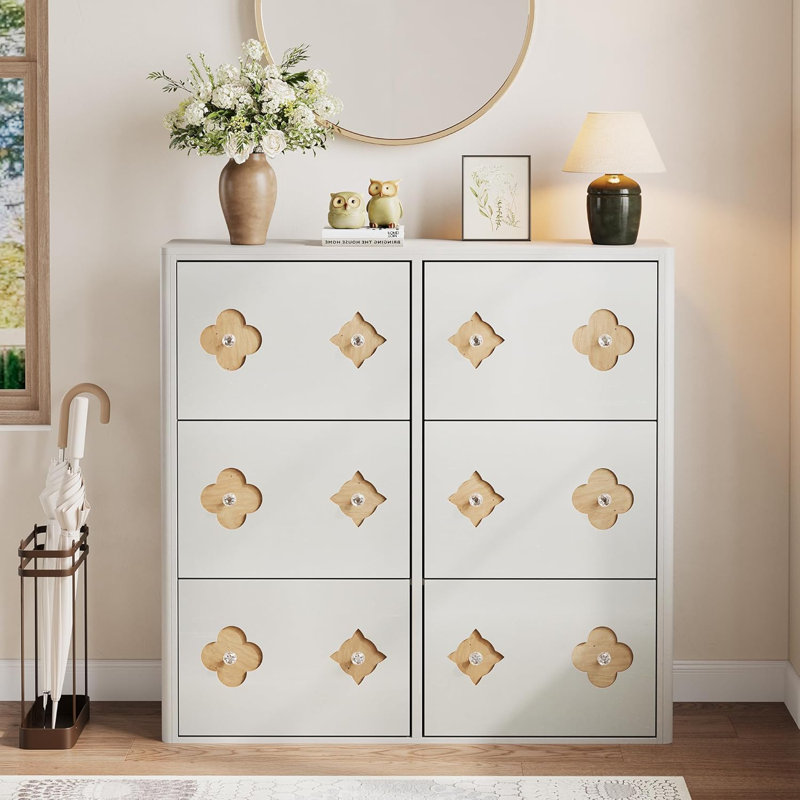 Shoe Cabinet with Flip Drawers, Slim Freestanding Shoe Rack Cabinet, Flower Pattern & Diamond-Shaped Handles, White, 6