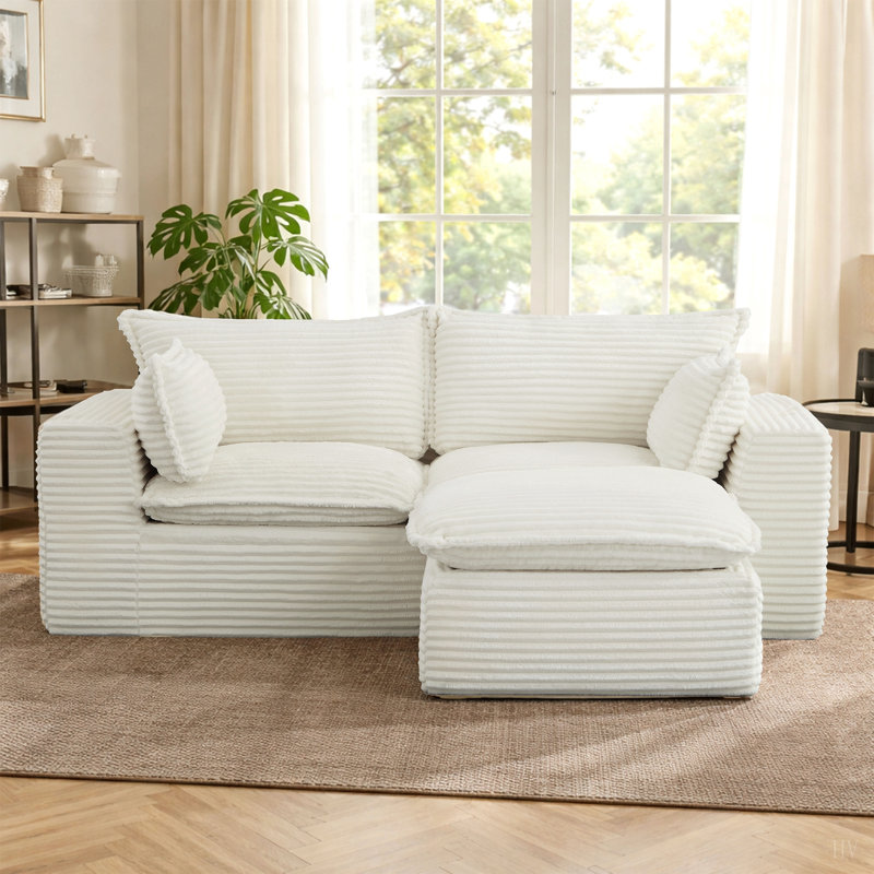 Canapé modulaire en L 78,8 po avec repose-pieds modulaire en velours côtelé sans assemblage pour animaux de compagnie, Blanc