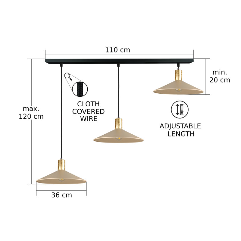 3 - Light Matte Black Dome Pendant, Gold/Latte
