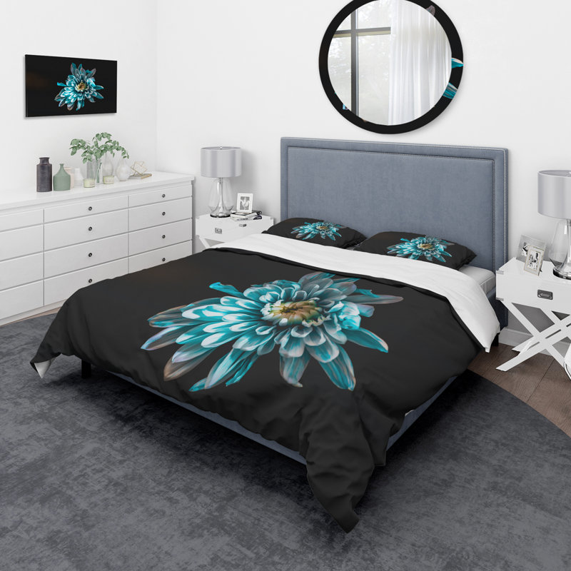 Vue de dessus de la fleur bleue et blanche - Ensemble de housse de couette traditionnel - Microfibre de polyester