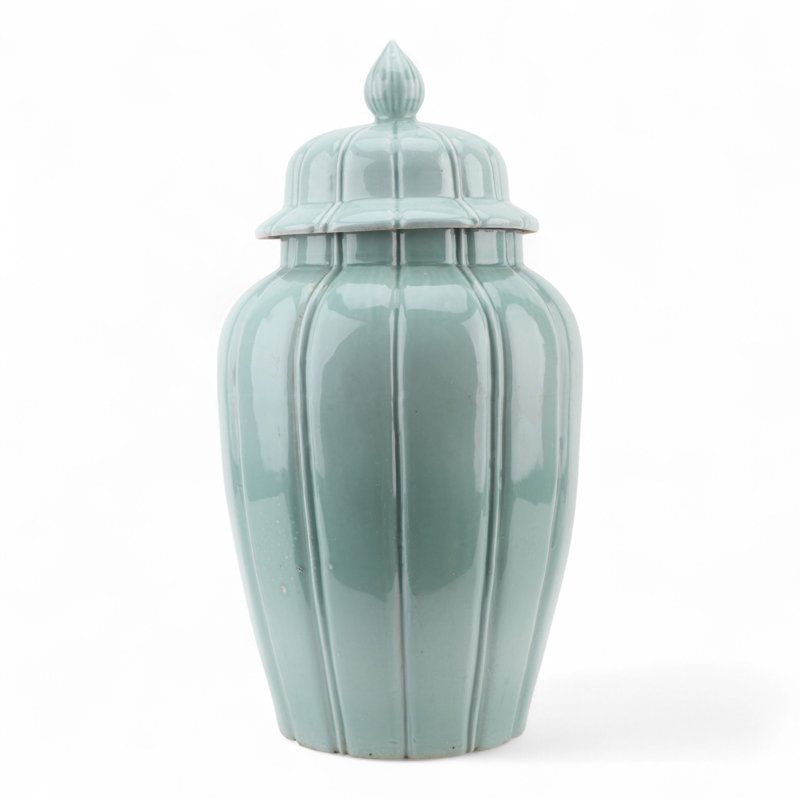 Celadon Ribbed Jar with Lid, Green