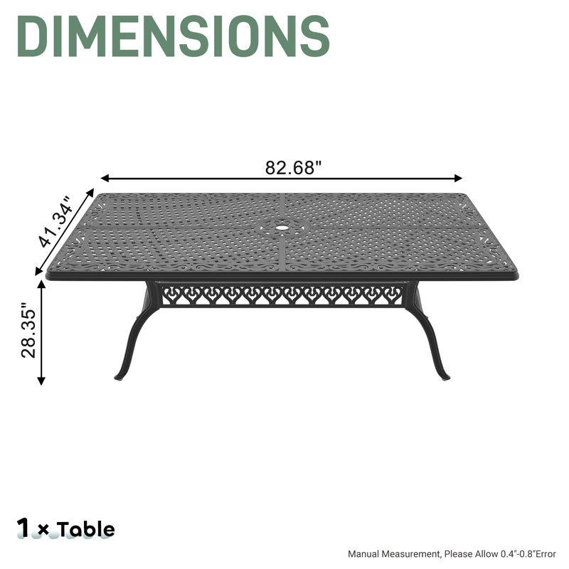 Ellengard Cast Aluminum Patio Dining 82.68'' L x 41.34'' W Rectangular Table with a 1.88-inch Umbrella Hole