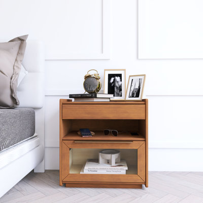 Table de chevet moderne Mid-Century avec station de charge et trou de sortie et 2 tiroirs