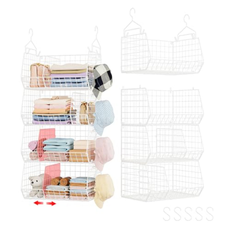 Organisateur de penderie à 4 niveaux avec séparateurs, très grand rangement de placard suspendu avec 5 crochets en S 4 diviseurs, organisateur de vêtements Chandails Embrayages Sacs à main Chapeaux Accessoires - Blanc