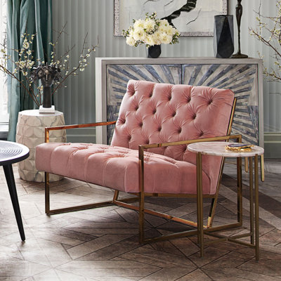 Luxe Accent Chair In Blush Pink Tufted Velvet Fabric With Polished Gold Stainless Steel Frame
